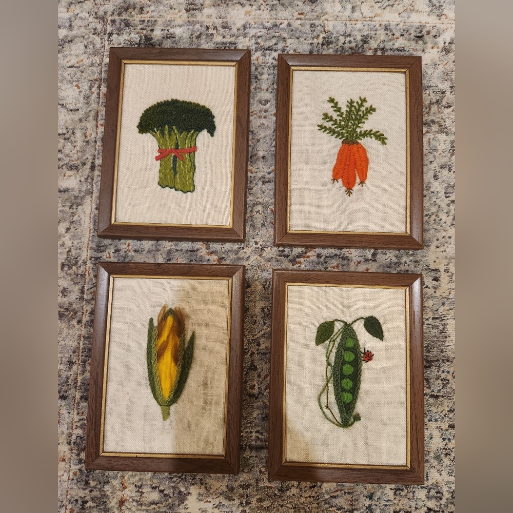 Set of 4 Vintage Framed Crewel Embroidery Pictures Broccoli Pea Carrots